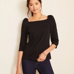Ann Taylor velvet polka dot black top NWT